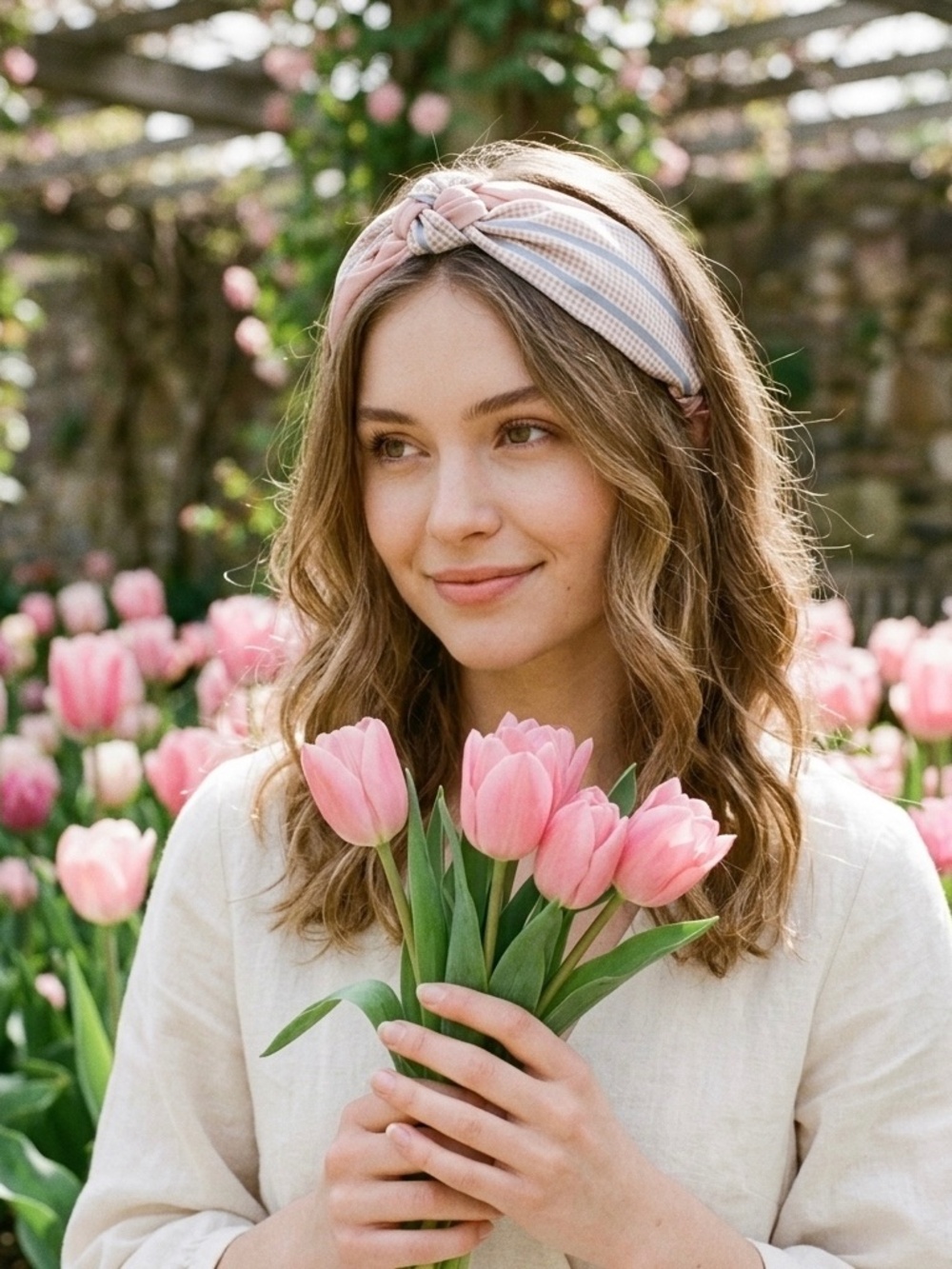 Pastel Gingham & Striped Knotted Twist Headband – Dusty Rose